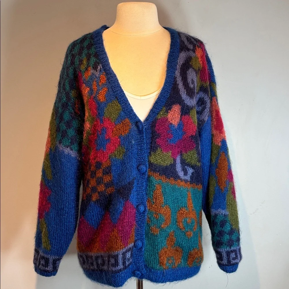 Vintage Colorful Patterned mohair Women's cardigan Sweater size medium - Picture 2 of 12